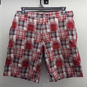 TRES BIEN Men's Bermuda Shorts Red Patchwork Plaid, Size 38 EUC